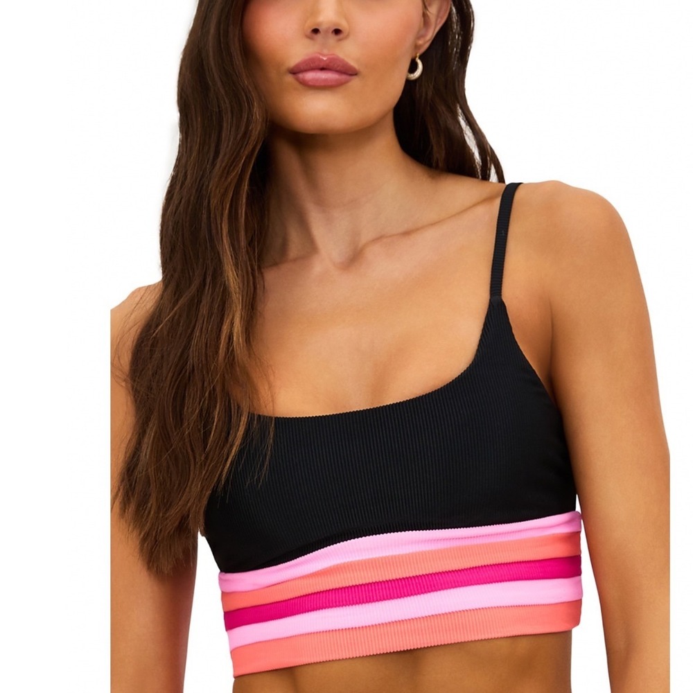 Beach Riot Mae Bikini Top Ruby Color Ribbed Striped Black Pink Orange Size M NEW